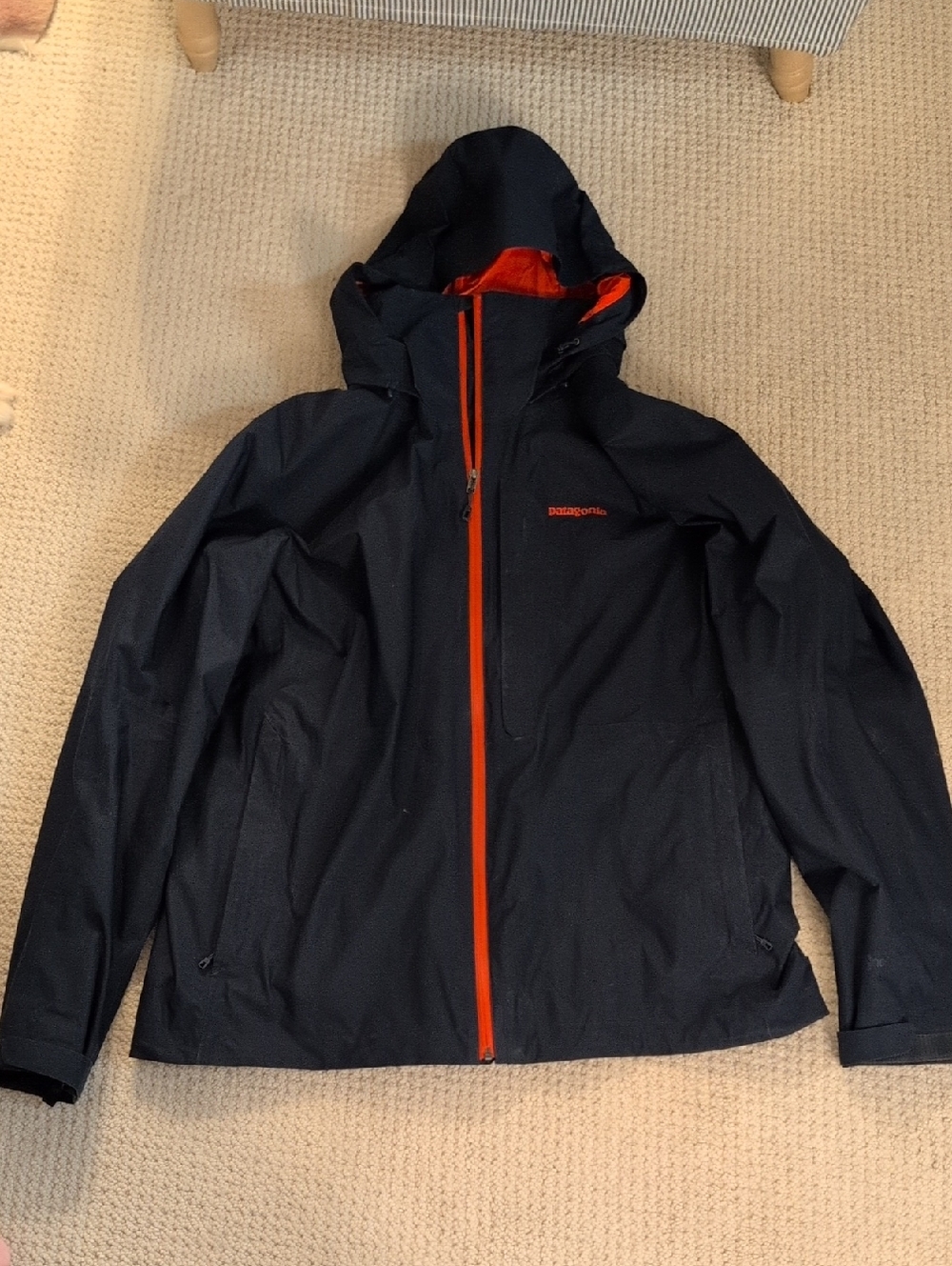 Men's Patagonia Navy Jacket with Orange Trim and Hood XL